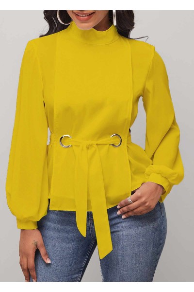 Mock Neck Yellow Long Sleeve Belted Blouse