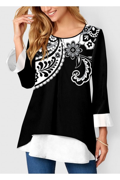 Paisley Print Black Layered Hem Blouse