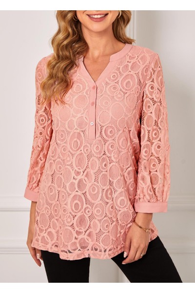 Pink Lace Stitching Split Neck Blouse