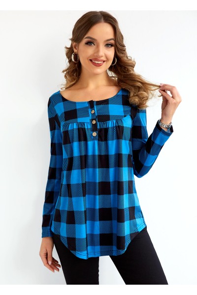 Plaid Long Sleeve Button Pleated Blouse