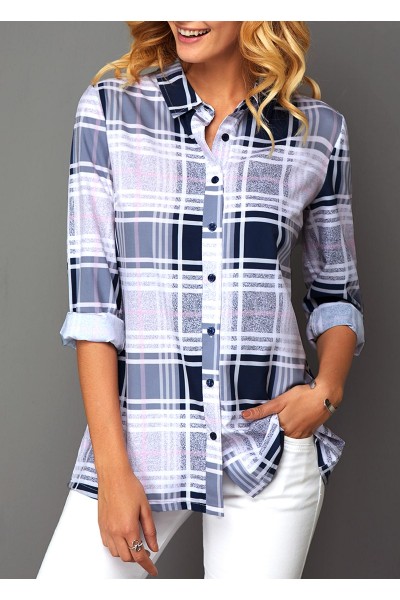 Plaid Print Button Front Turndown Collar Blouse