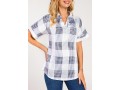 Plaid Split Neck White Short Sleeve Blouse