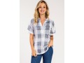 Plaid Split Neck White Short Sleeve Blouse