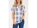 Plaid Split Neck White Short Sleeve Blouse