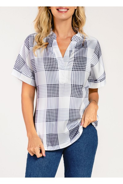 Plaid Split Neck White Short Sleeve Blouse