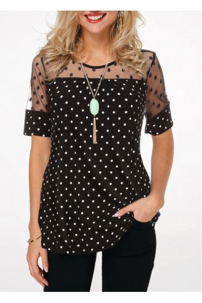 Polka Dot Lace Patchwork Short Sleeve Blouse