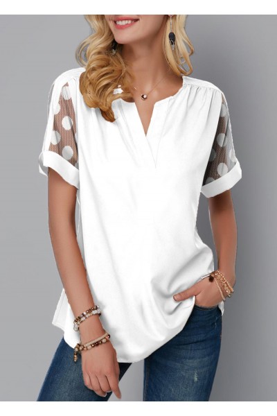 Polka Dot Mesh Stitching Split Neck Blouse