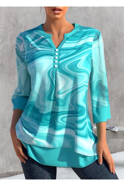 Printed Split Neck Cyan 3/4 Sleeve Blouse