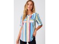 Rainbow Stripe Double Pocket Round Neck Blouse