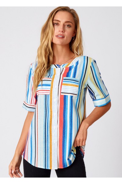 Rainbow Stripe Double Pocket Round Neck Blouse