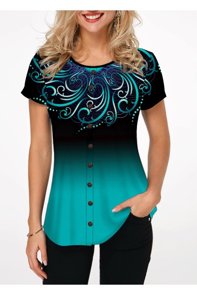 Round Neck Button Embellished Printed Blouse