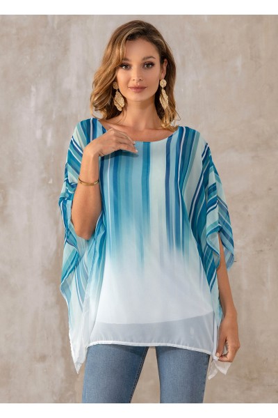 Round Neck Striped 3/4 Sleeve Blouse