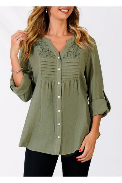 Sage Green Split Neck Lace Panel Blouse