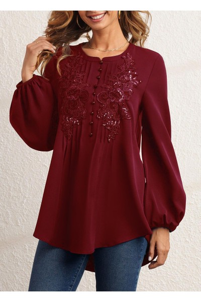 Sequin Crinkle Chest Wine Red Blouse