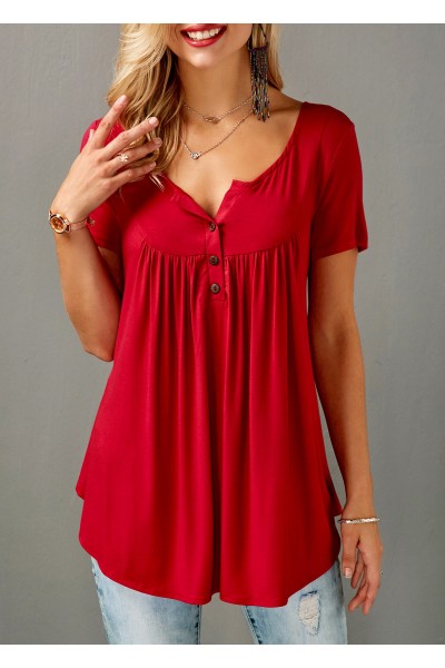 Short Sleeve Split Neck Red Curved Blouse