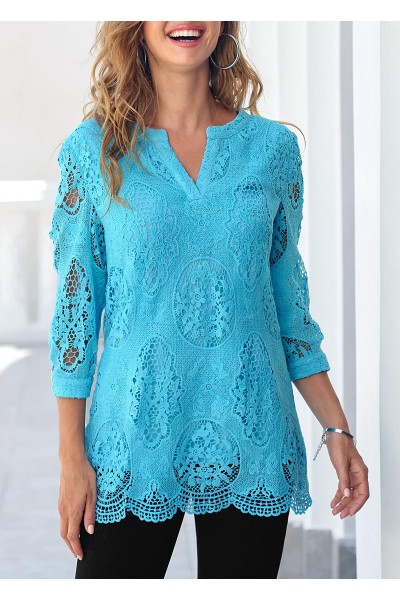 Sky Blue Split Neck 3/4 Sleeve Lace Blouse