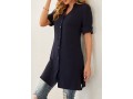 Split Neck Button Up Navy Blue Blouse