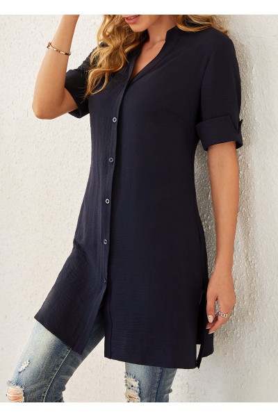 Split Neck Button Up Navy Blue Blouse