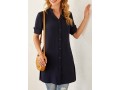 Split Neck Button Up Navy Blue Blouse