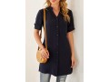 Split Neck Button Up Navy Blue Blouse