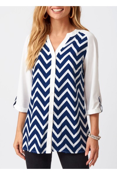 Split Neck Chevron Print Three Quarters Sleeve Blouse