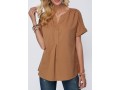 Split Neck Dark Khaki Short Sleeve Blouse