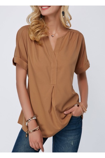 Split Neck Dark Khaki Short Sleeve Blouse