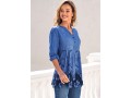 Split Neck Denim Blue Embroidered Blouse