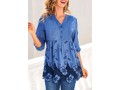 Split Neck Denim Blue Embroidered Blouse