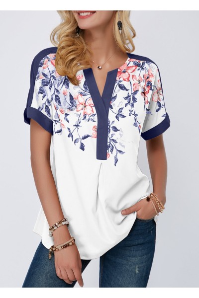 Split Neck Floral Print Contrast Piping Blouse