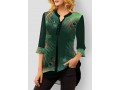 Split Neck Green Peacock Feathers Print Blouse