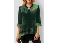 Split Neck Green Peacock Feathers Print Blouse