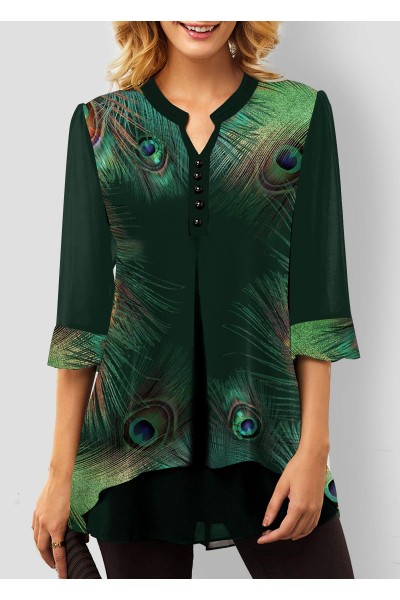 Split Neck Green Peacock Feathers Print Blouse