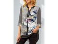 Split Neck Grey Floral Print Blouse