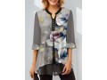 Split Neck Grey Floral Print Blouse