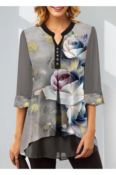 Split Neck Grey Floral Print Blouse