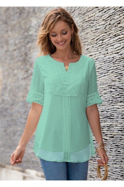 Split Neck Half Sleeve Lace Panel Blouse