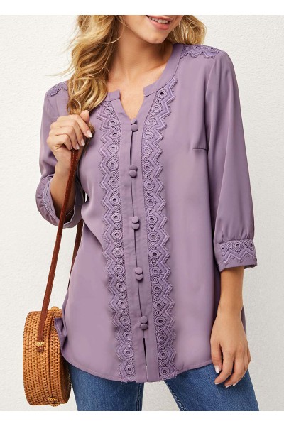 Split Neck Lace Stitching 3/4 Sleeve Blouse