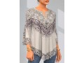 Split Neck Lace Stitching Leopard Light Khaki T Shirt