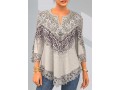 Split Neck Lace Stitching Leopard Light Khaki T Shirt