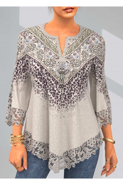 Split Neck Lace Stitching Leopard Light Khaki T Shirt