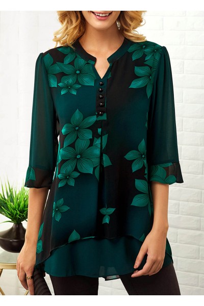 Split Neck Large Floral Print Button Detail Blouse