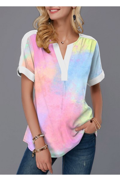 Split Neck Multi Color Short Sleeve Blouse