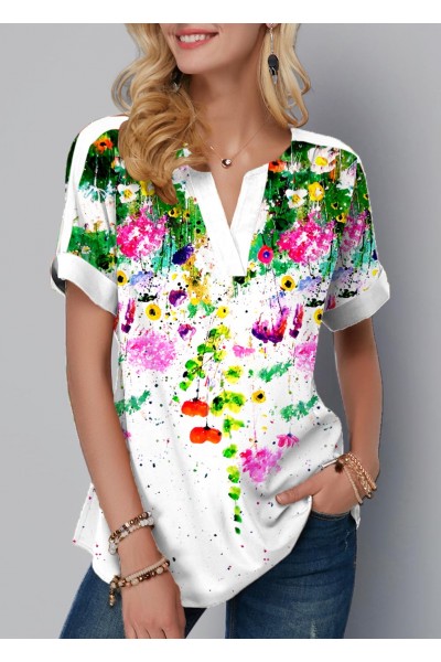 Split Neck Ombre Floral Print Blouse