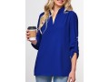 Split Neck Roll Tab Sleeve Royal Blue Blouse