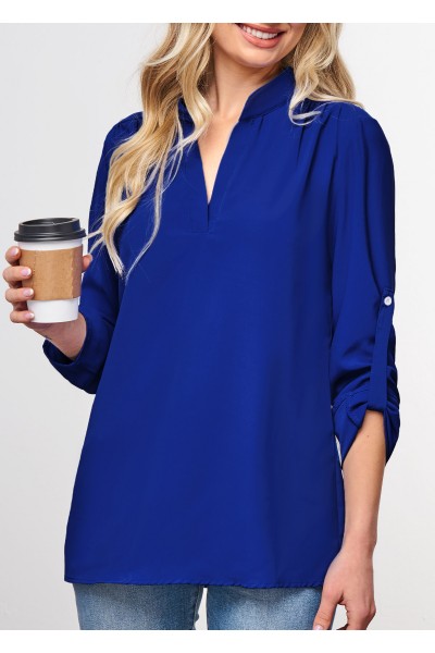 Split Neck Roll Tab Sleeve Royal Blue Blouse