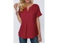 Split Neck Short Sleeve Wine Red Blouse