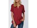 Split Neck Short Sleeve Wine Red Blouse