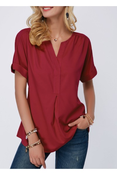 Split Neck Short Sleeve Wine Red Blouse