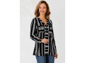 Striped Color Block V Neck Zipper Detail Blouse